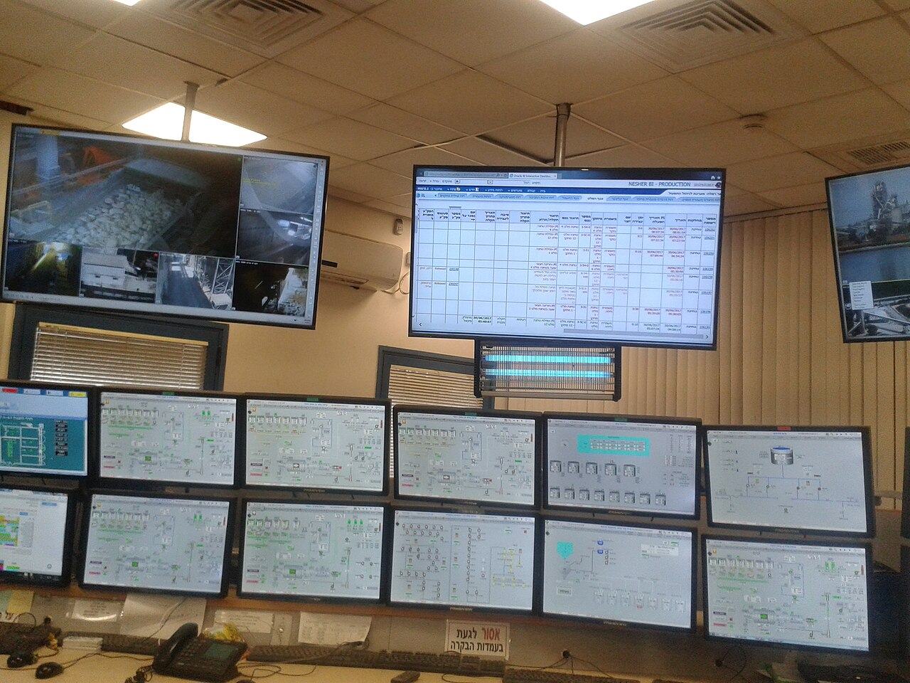 Cement plant control room with operator desks and process screens